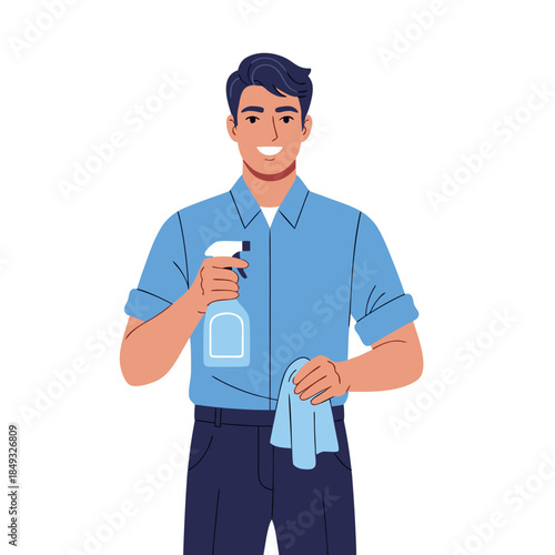 Smiling Man Cleaning Service Spray Bottle Towel Housekeeping Work.