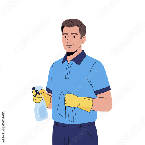 Man Cleaner Holding Spray Bottle and Cloth - Ready for Housework.