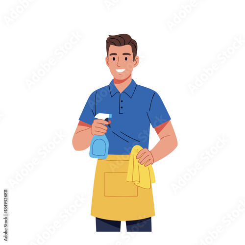 Smiling Cleaner Man with Spray Bottle and Cloth Housekeeping Service.