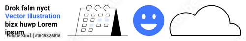 Scheduling, communication, weather forecast, organization, emotions, creativity. Black calendar outline, blue smile black cloud. Scheduling and communication concepts illustrated
