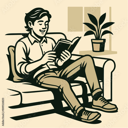 Relaxed Man Reading Book At Home Illustration