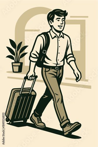 Man Walking With Suitcase Indoor Illustration