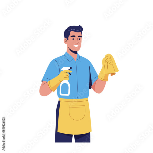 Smiling Man with Cleaning Spray and Cloth Professional Cleaner Concept.