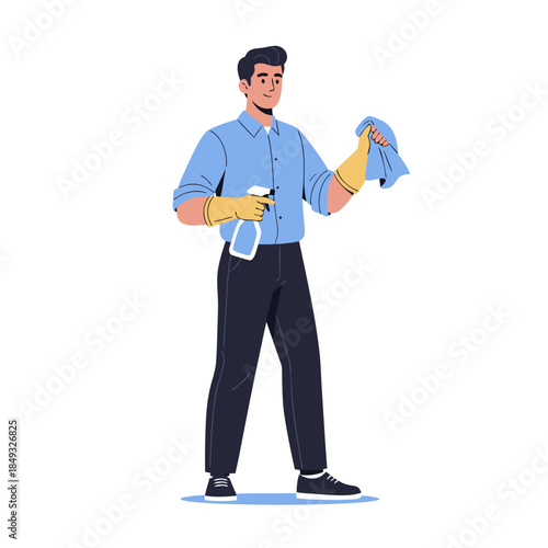 Cleaning Man with Spray Bottle and Cloth Professional Service.