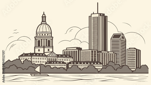 Boston skyline inspires a similar but unique vista in madison, wisconsins sailboat skyline. Suitable for travel blogs, city comparisons, and urban development projects.