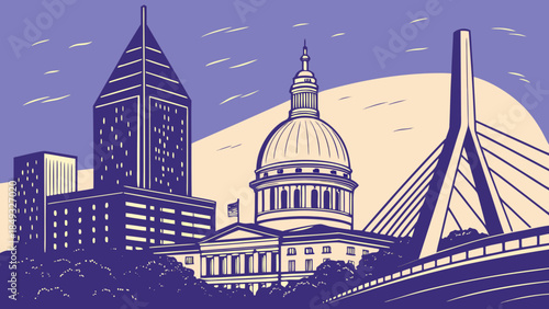 Boston skyline with view of massachusetts cityscape and zakim bridge. Ideal for travel blogs, city guides, promotional materials, and websites.