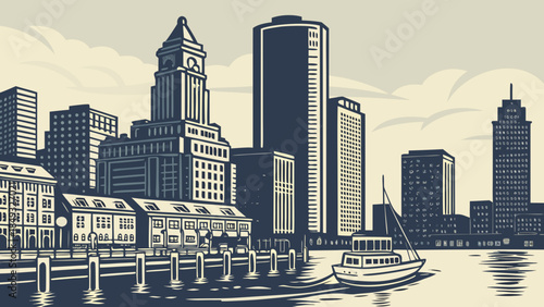 Boston skyline with skyscrapers, waterfront, boat suitable for travel blogs, city guides, tourism brochures, postcards, and editorial publications. Boston skyline, skyscrapers
