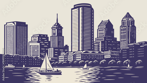 Boston skyline monochrome illustration sailboats water buildings depicting iconic view. Suitable for travel brochures, city guides, postcards, posters, tourism websites.