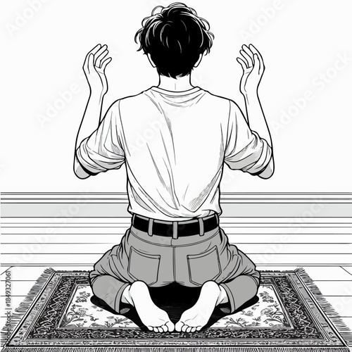 Man Praying On Prayer Mat Illustration