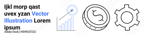 Bar chart with target indicator, dollar coin for financial growth, and gear for productivity. Ideal for business, finance, strategy, analytics, investment, economy simple landing page
