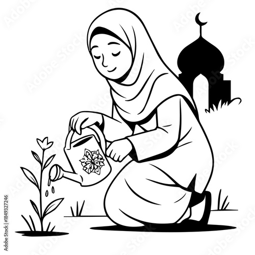 Woman Wearing Hijab Watering Plant Illustration