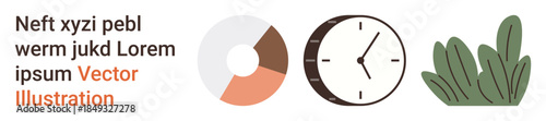 Business data analysis, productivity, nature balance, time tracking, eco-friendly concepts, workflow planning. Features pie chart, clock green plants. Business data and productivity concepts