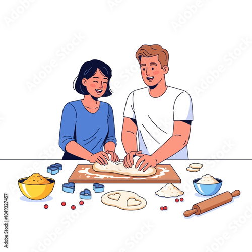 Illustration of a smiling man and woman preparing dough on a kitchen counter with baking ingredients.