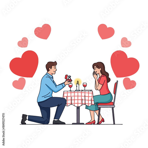 A man proposing to a woman with a ring at a romantic candlelit dinner table surrounded by hearts.