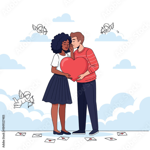 Illustration of a tender couple embracing and holding a heart with cherubs and valentines around them