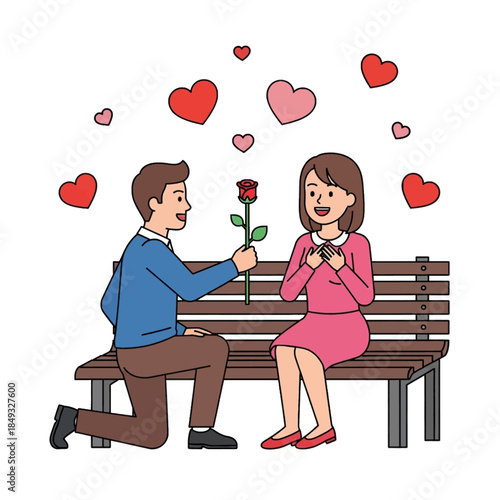 Cartoon illustration of a man proposing to a woman with a rose on a park bench surrounded by hearts.