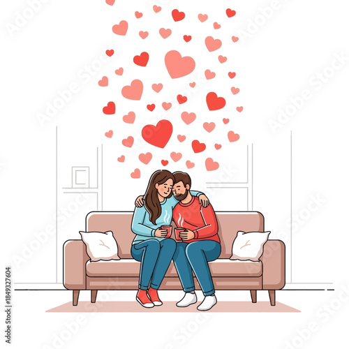 Two women sitting on a couch with hearts floating above them in a pastel-colored setting.
