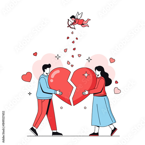 Illustration of a man and woman pulling apart a broken heart with Cupid flying above on Valentine's Day.