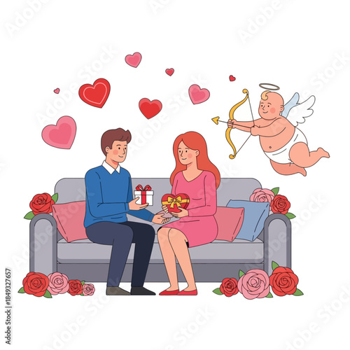 Illustration of a man giving a gift to a woman on a couch with a cherub shooting a bow and arrow, surrounded by hearts and flowers.