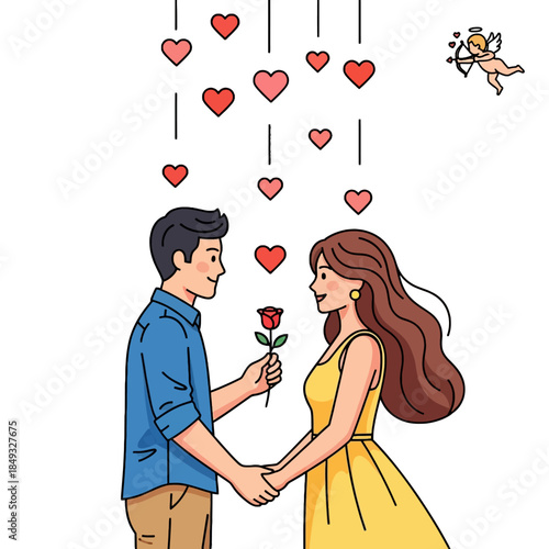 Illustration of a romantic couple holding hands with a man offering a rose surrounded by floating hearts and a cherub in a playful scene.
