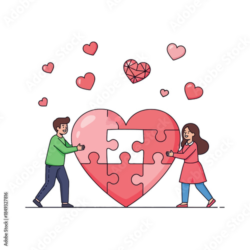 Cartoon illustration of a man and woman assembling a heart-shaped puzzle with floating hearts around them on a white background.