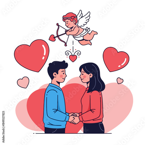 Illustration of a couple holding hands with a Cupid and hearts around them on Valentine's Day.