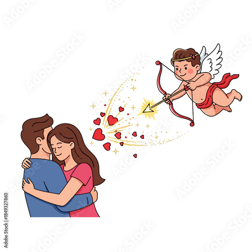 Cartoon illustration of a cherub shooting a bow and arrow at a kissing couple with hearts and sparks.