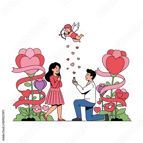 Man kneeling and proposing to a woman with a ring, surrounded by hearts, flowers, and a cherub on Valentine's Day.