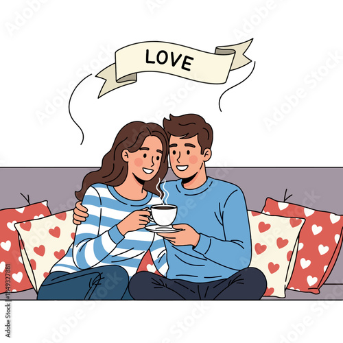 Illustration of a loving couple sitting on a couch with heart-patterned pillows, sharing a warm moment with a cup of coffee on Valentine's Day.