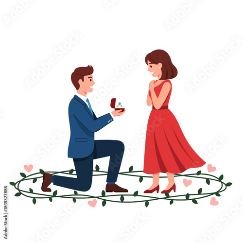 A man proposing to a woman with a ring on one knee surrounded by a heart-shaped garland and pink hearts on Valentine's Day