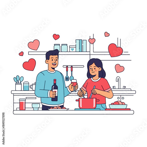 A cheerful couple cooking together in a kitchen on Valentine's Day, with hearts around them.