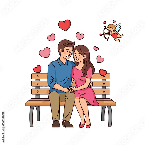 Illustration of a loving couple sitting on a bench with hearts and Cupid flying around them on Valentine's Day.