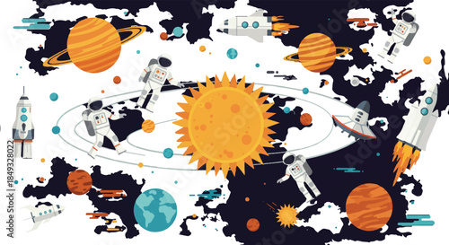 A vibrant illustration depicting the solar system with planets, astronauts, and rockets against a dark, star-filled background.