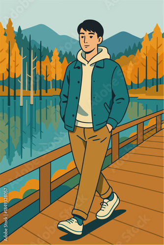 Man Standing On Lakeside Bridge Autumn Illustration