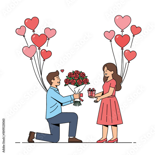 A man kneeling and offering a bouquet of roses and a gift box to a woman with heart-shaped balloons floating around them on Valentine's Day.