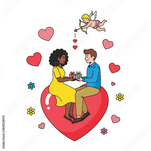 Illustration of a diverse couple exchanging gifts on a heart with a cupid and floating hearts around them.