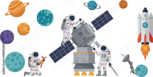 Astronauts in space assembling a satellite with planets and a rocket in the background.