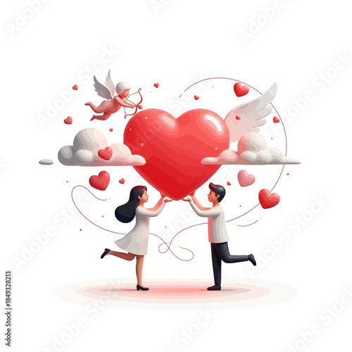 Cartoon illustration of a man and woman holding a giant red heart with a cherub flying above on a white background with floating hearts.