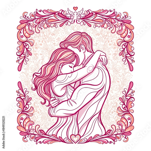 Illustration of a romantic couple embracing within a pink floral border on a white background.