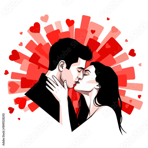 Illustration of a romantic couple kissing with hearts in the background.