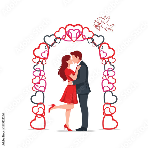 Illustration of a romantic couple kissing under a heart-shaped archway with a dove flying above on a white background.