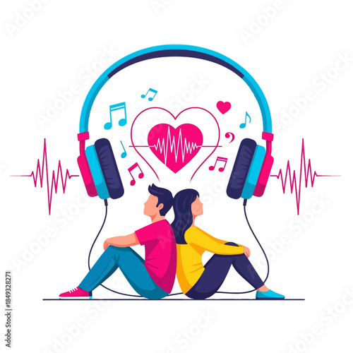 Illustration of a loving couple sitting back-to-back wearing headphones with a heart and music symbols around them on a white background.