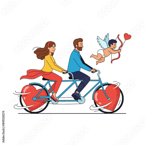 A cartoon couple riding a tandem bicycle with heart-shaped wheels, accompanied by a cherub holding a heart-tipped arrow, conveying love and Valentine's Day spirit.