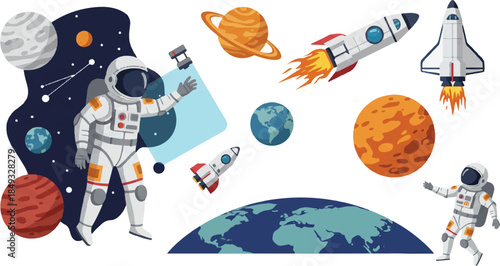 A vibrant illustration depicting astronauts exploring the cosmos amidst planets, rockets, and celestial bodies, showcasing the wonders of space exploration.