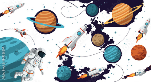 A vibrant illustration depicting an astronaut floating in space amidst planets, rockets, and stars, showcasing a cosmic adventure.