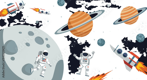 Astronauts exploring space with rockets, planets, and asteroids in a vibrant cosmic scene.
