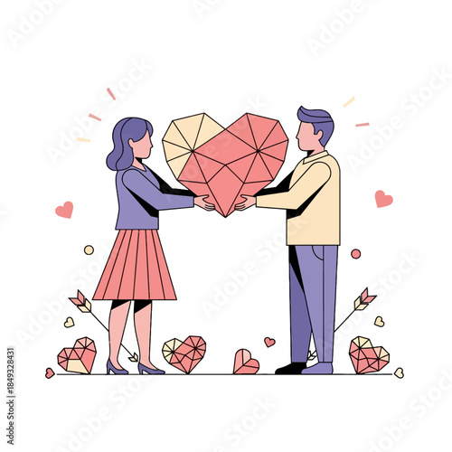 A cartoon illustration of a couple holding a large heart together with love and valentine symbols around them on a white background.