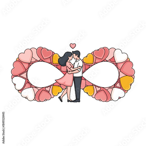 Illustration of a romantic couple kissing surrounded by colorful hearts in a whimsical design on a white background.