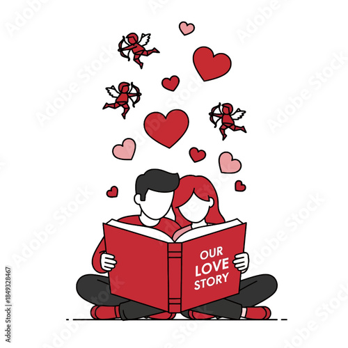 Illustration of a couple reading a red book with hearts and ladybugs floating above on a white background.
