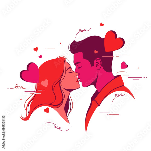 Illustration of a romantic couple sharing a tender kiss surrounded by floating hearts and love text in a whimsical, hand-drawn style with a sweet and affectionate mood.